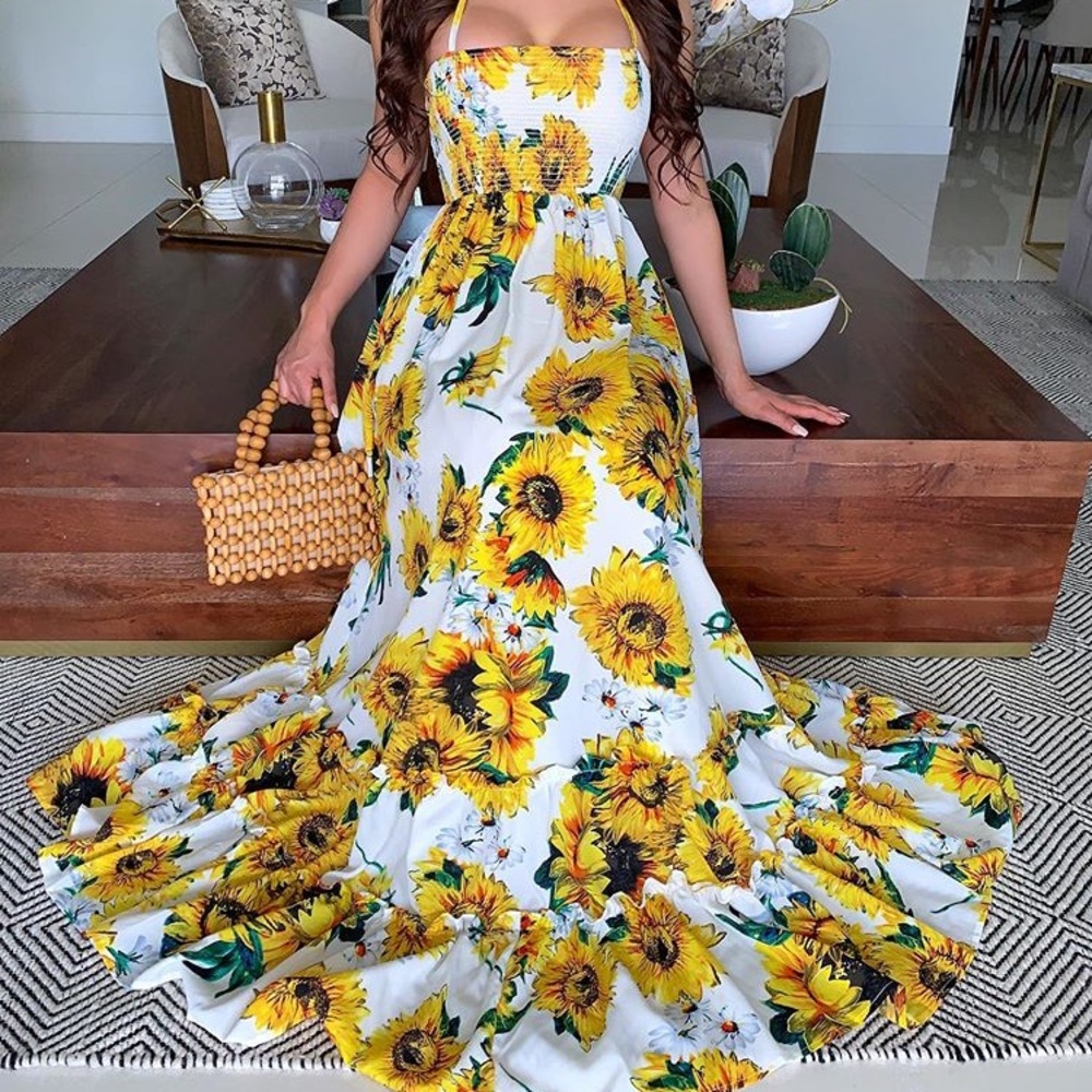 Sunflower bohemian maxi sun dress halter top